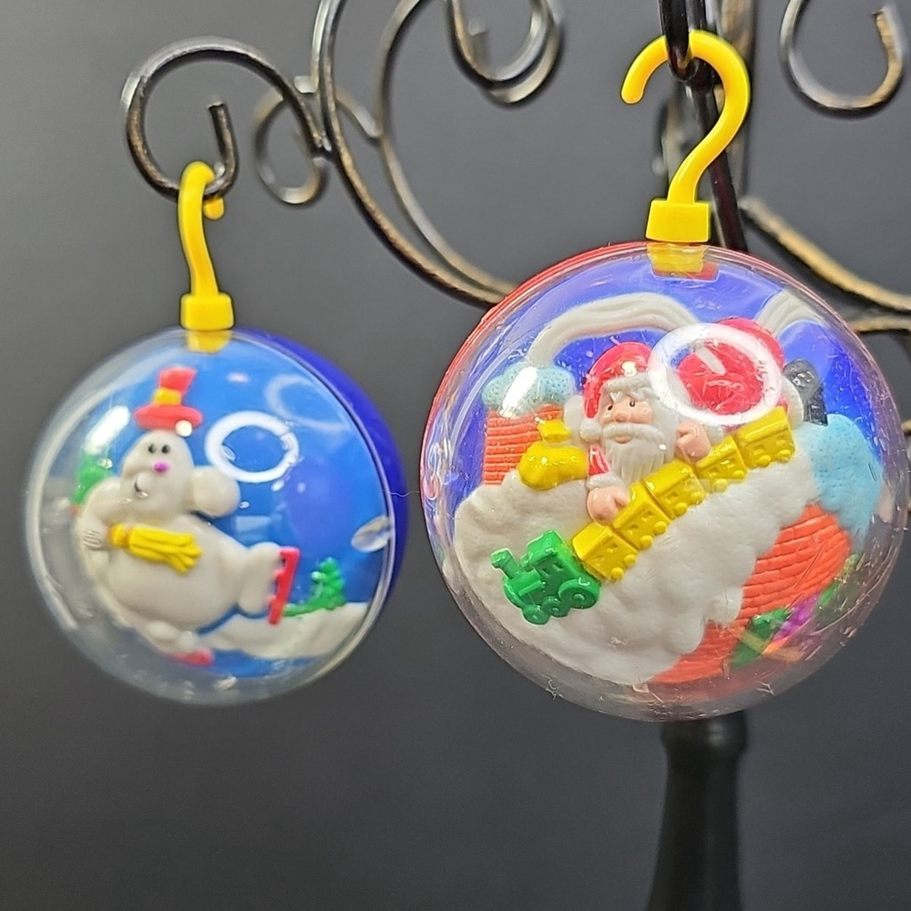 Vintage Santa Snowman Christmas Globe Ornament Pait Of 2. 2.5 Inch